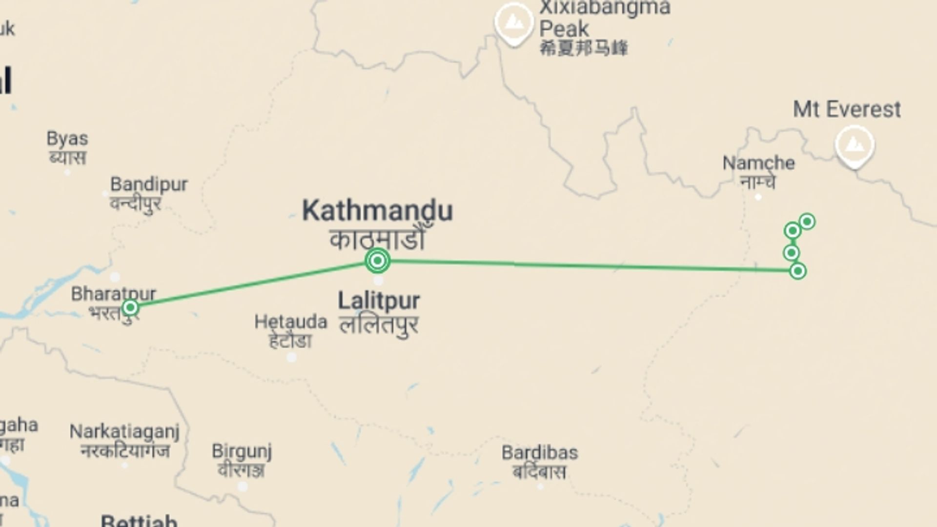 A map showing the tour itinerary for the trip: Everest Monasteries trek and Wildlife 12 Days, starting in Kathmandu, Nepal and ending in Kathmandu, Nepal going through 6 other destinations.