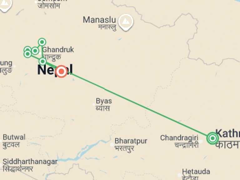 Map itinerary of South Asia Tour in April 2026 with 7 destination visits for the trip: Annapurna Foothills