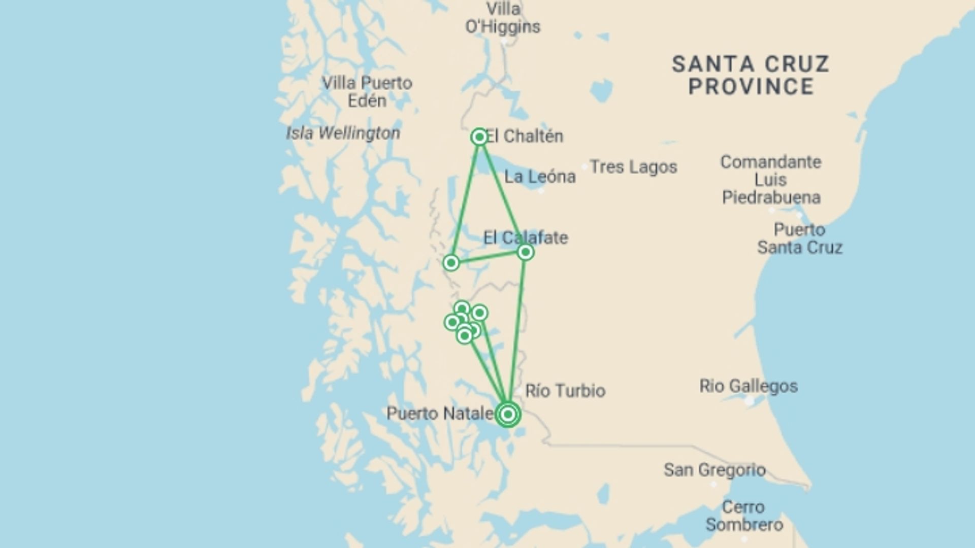 A map showing the tour itinerary for the trip: Patagonia Active Trekking Trip, starting in Puerto Natales, Chile and ending in Puerto Natales, Chile going through 13 other destinations.