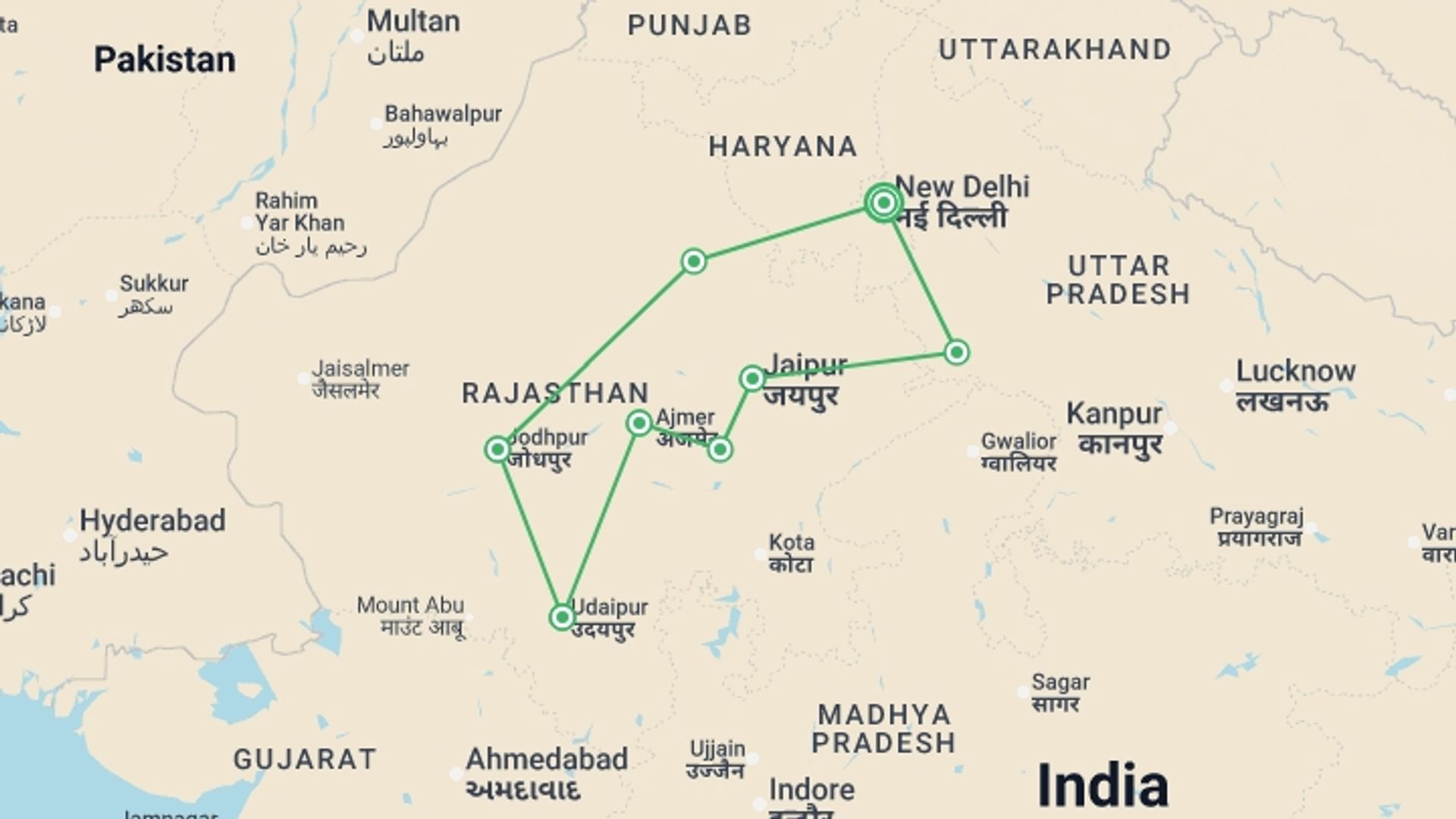 A map showing the tour itinerary for the trip: Rajasthan: Laneways & Local Villages, starting in New Delhi, India and ending in New Delhi, India going through 7 other destinations.