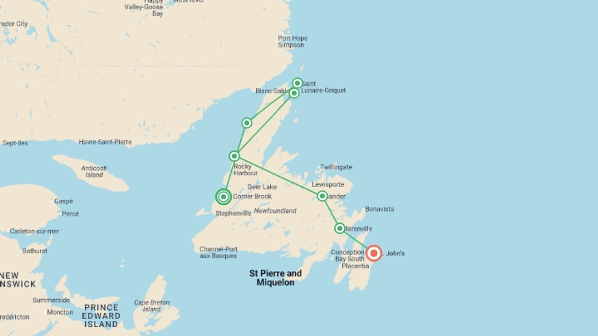 A map showing the tour itinerary for the trip: Newfoundland Explorer (Small Group) - 12 days, starting in Corner Brook, Canada and ending in St. John's, Canada going through 8 other destinations.