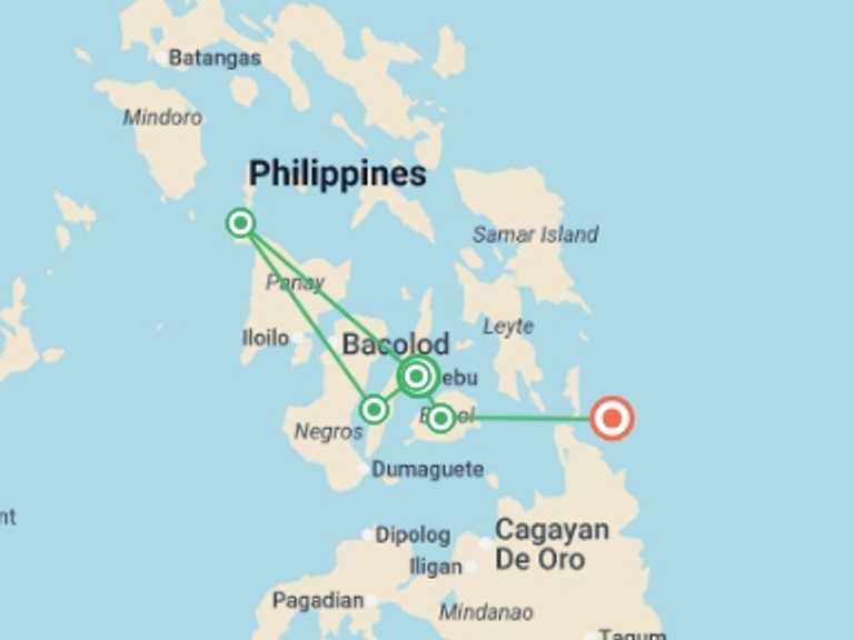 Map itinerary of South East Asia Tour in May 2026 with 6 destination visits for the trip: Philippines Island Experience