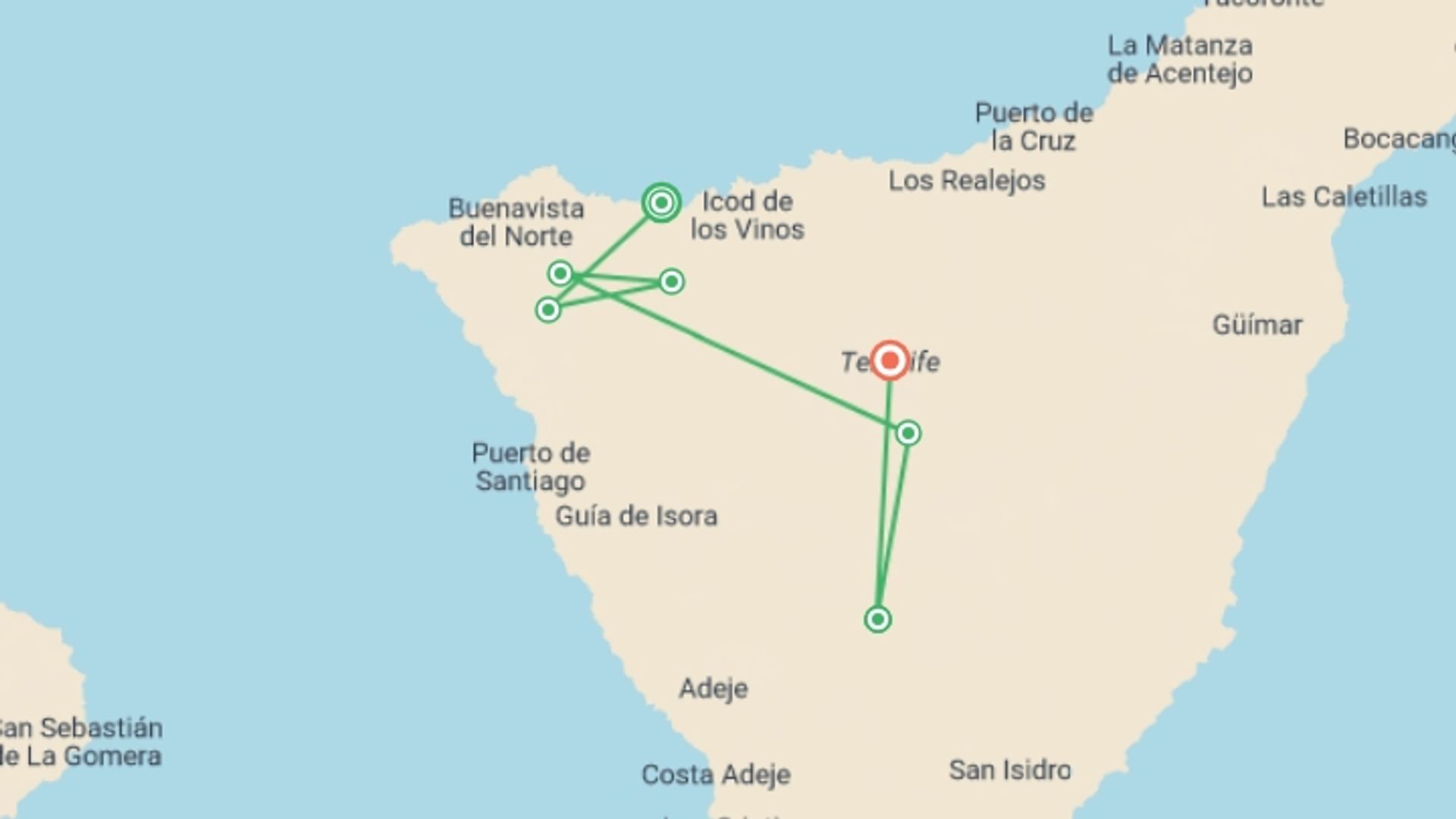 A map showing the tour itinerary for the trip: Contrasts of Tenerife Walk, starting in Garachico, Spain and ending in Canary Islands, Spain going through 4 other destinations.