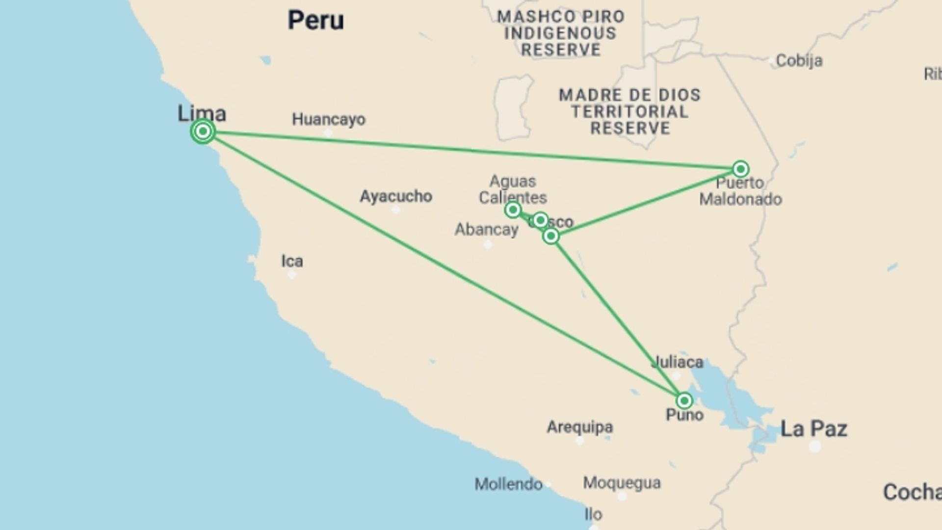 A map showing the tour itinerary for the trip: Journeys: Iconic Peru, starting in Lima, Peru and ending in Lima, Peru going through 5 other destinations.
