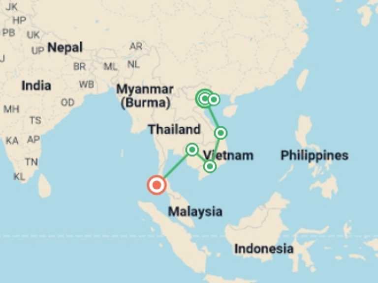 Map itinerary of Siem Reap Tour in May 2027 with 7 destination visits for the trip: Indochina Odyssey In 16 Days