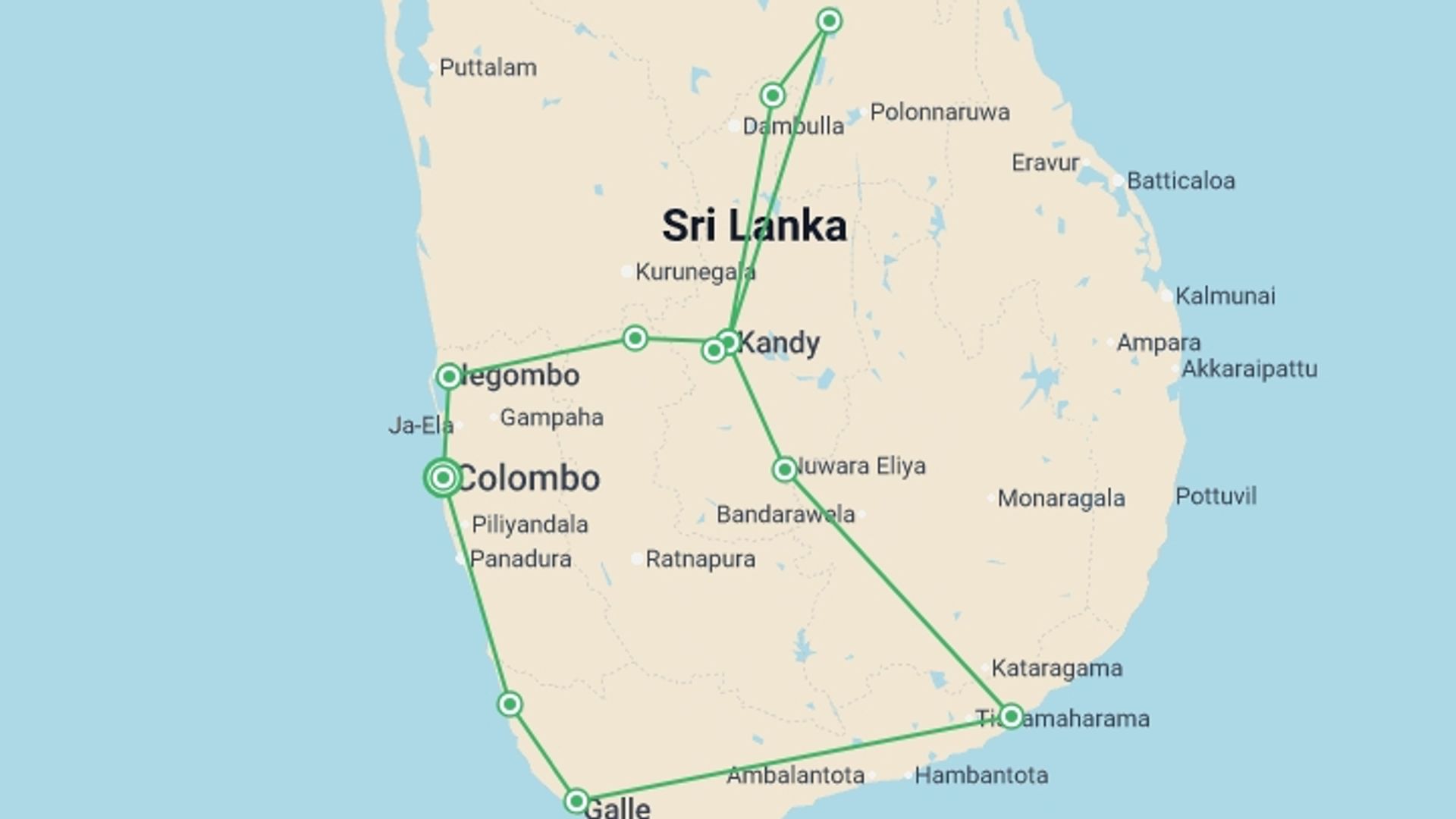A map showing the tour itinerary for the trip: Splendid Sri Lanka, Private Tour, starting in Colombo, Sri Lanka and ending in Colombo, Sri Lanka going through 4 other destinations.