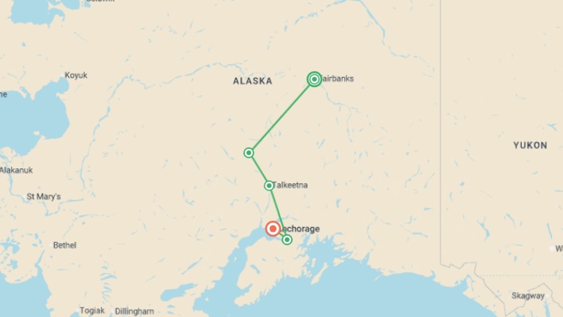 A map showing the tour itinerary for the trip: Signature: Alaska's Fairbanks, Denali & the Kenai Peninsula, starting in Fairbanks, USA and ending in Anchorage, USA going through 3 other destinations.