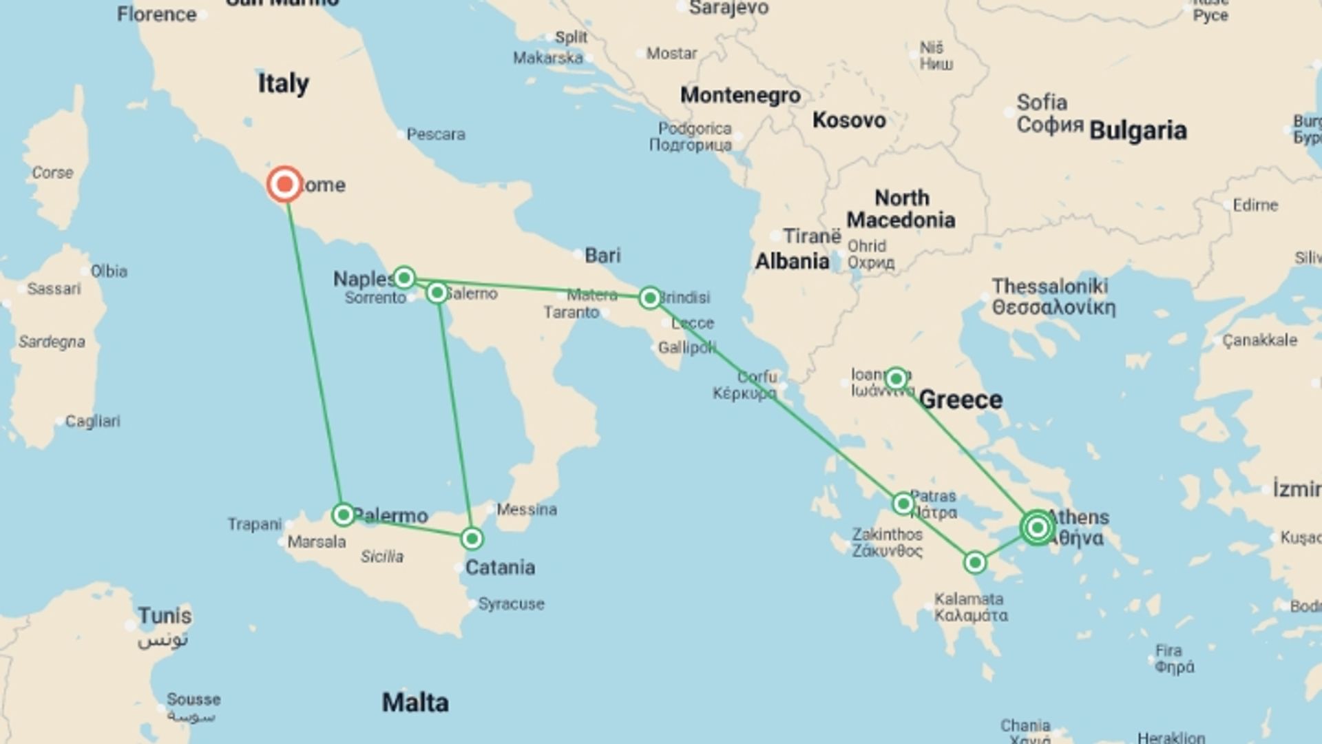 A map showing the tour itinerary for the trip: Complete Greece To Sicily End Rome, starting in Athens, Greece and ending in Rome, Italy going through 8 other destinations.