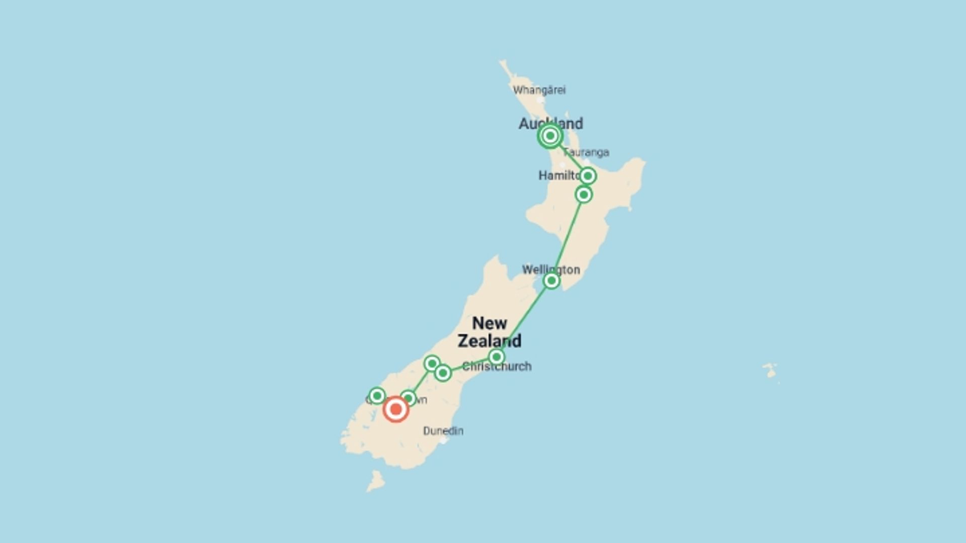 A map showing the tour itinerary for the trip: NZ Intro 17 day, starting in Auckland, New Zealand and ending in Queenstown, New Zealand going through 9 other destinations.