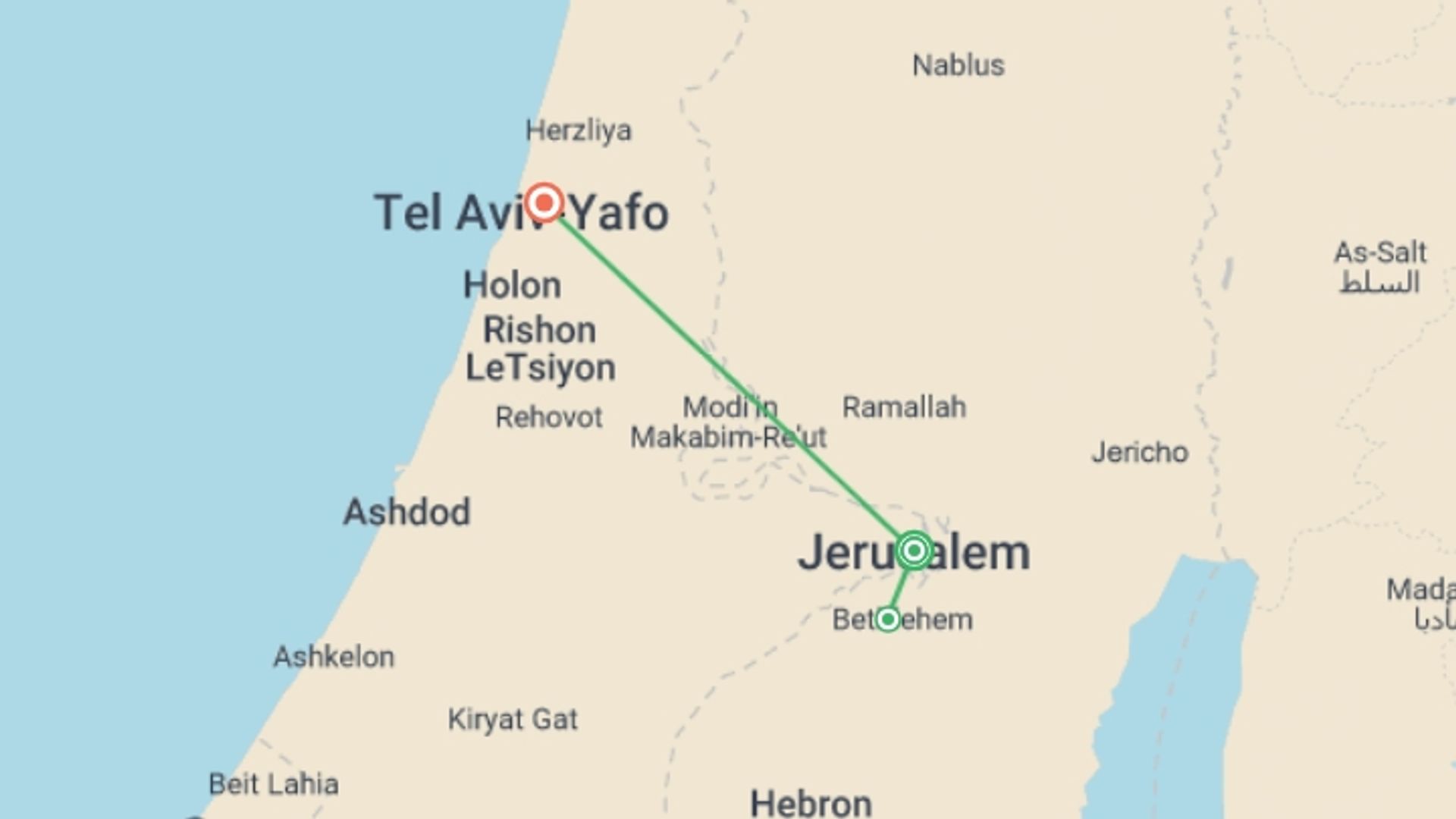 A map showing the tour itinerary for the trip: Italiano Classico 5 Days, Italian-speaking Guide, starting in Jerusalem, Israel and ending in Tel Aviv, Israel going through 0 other destinations.