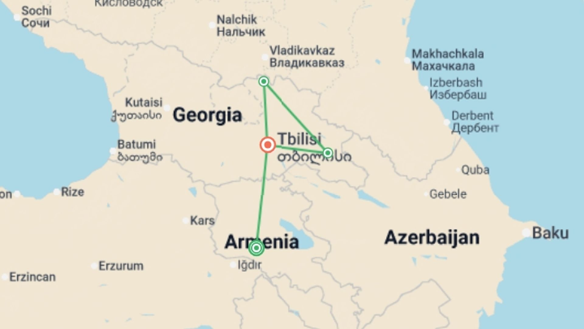 A map showing the tour itinerary for the trip: Georgia Real Food Adventure, starting in Yerevan, Armenia and ending in Tbilisi, Georgia going through 2 other destinations.