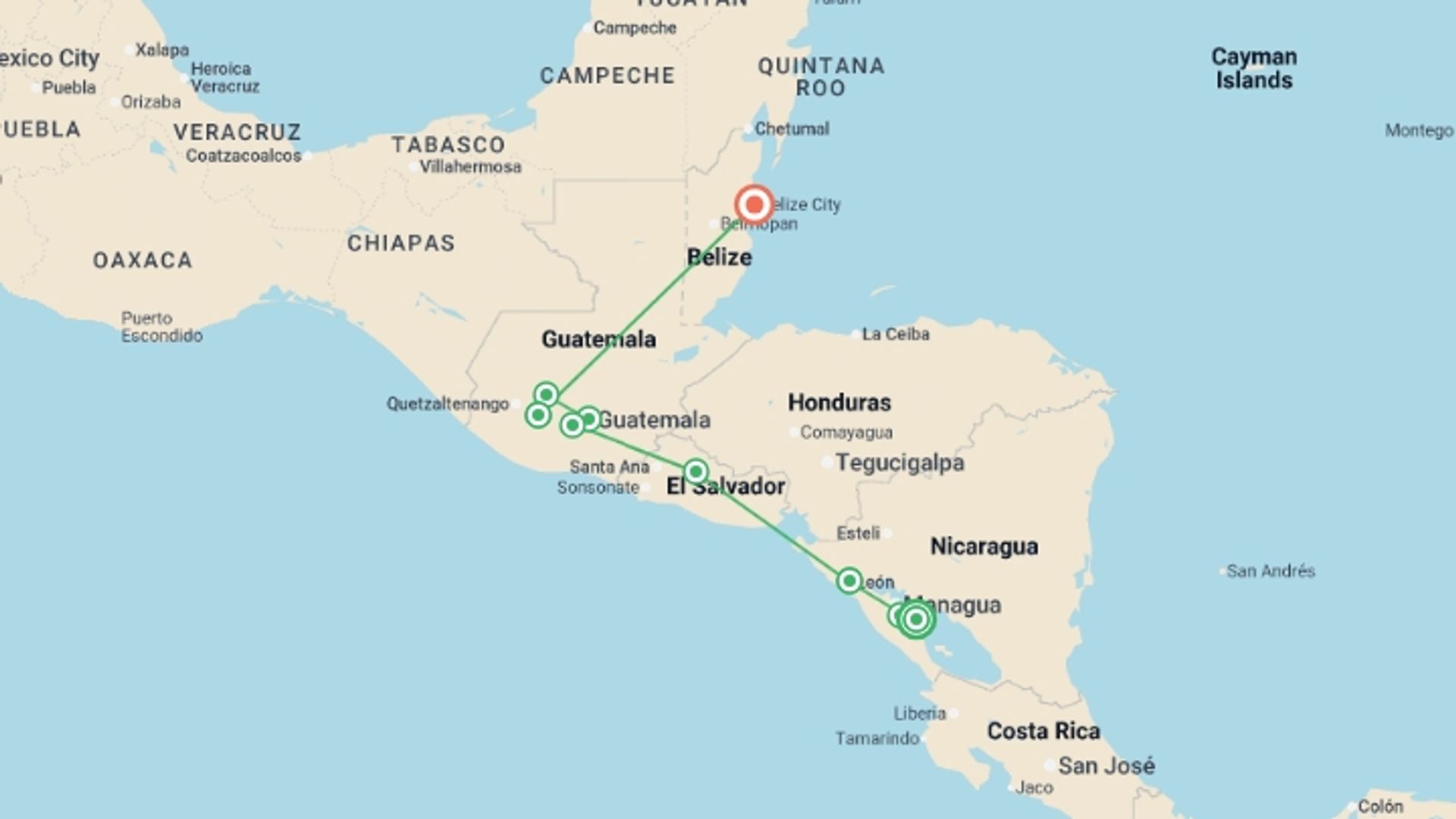 A map showing the tour itinerary for the trip: Central America Uncovered - 19 days, starting in Granada, Costa Rica and ending in Belize City, Belize going through 6 other destinations.