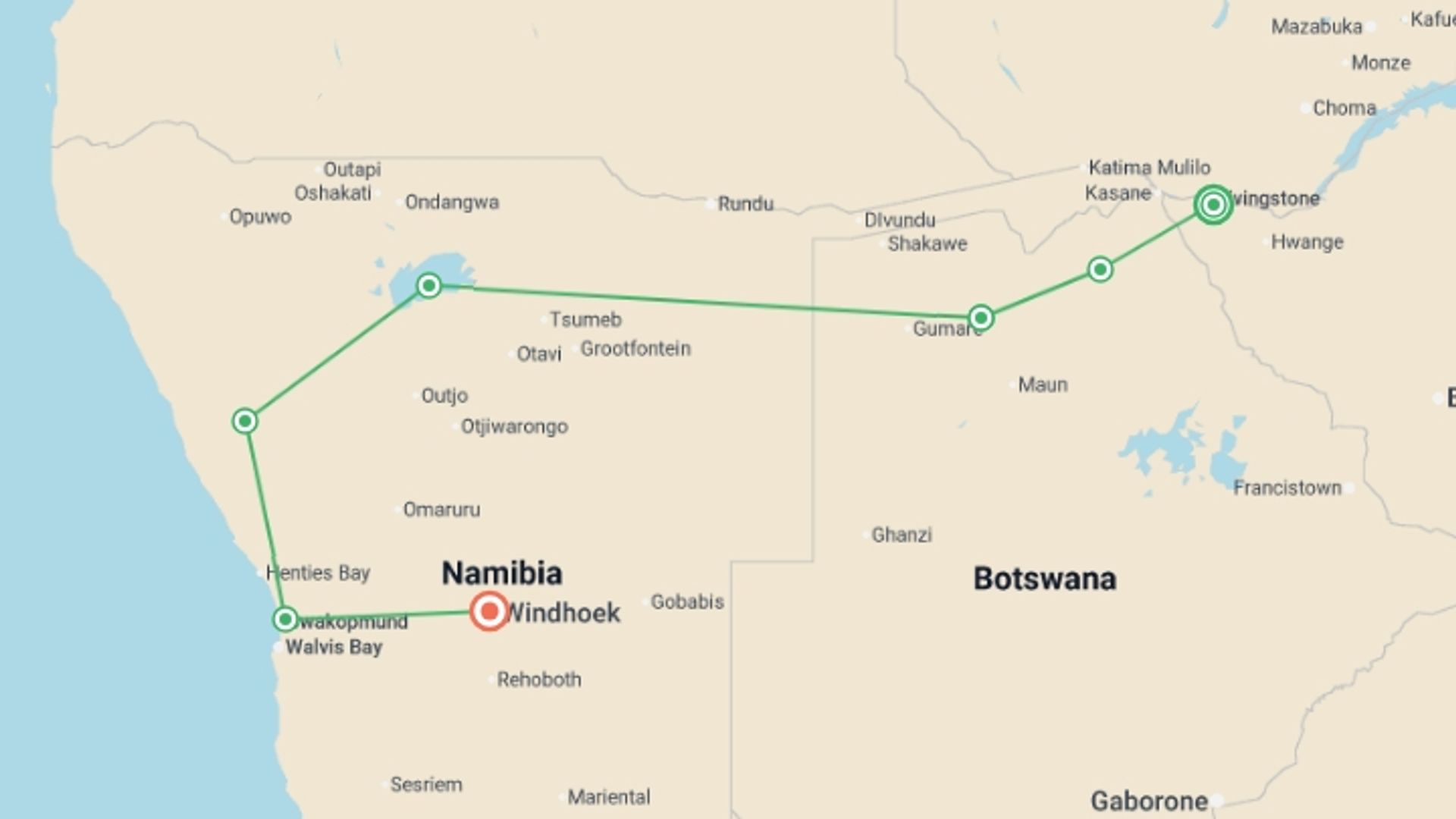 A map showing the tour itinerary for the trip: Falls, Botswana & Namibia - 14 days, starting in Victoria Falls, Zimbabwe and ending in Windhoek, Namibia going through 5 other destinations.
