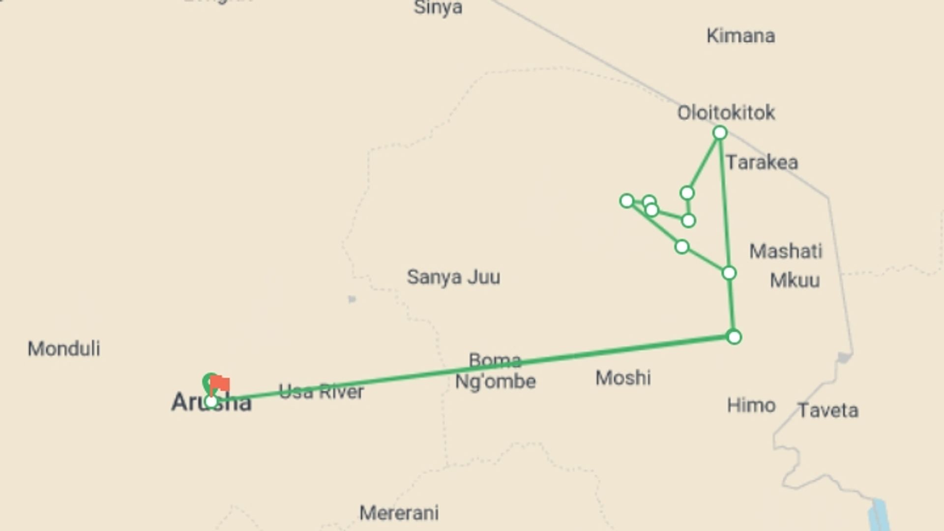 A map showing the tour itinerary for the trip: Kilimanjaro Trekking  - Rongai route, starting in Arusha, Tanzania and ending in Arusha, Tanzania going through 9 other destinations.