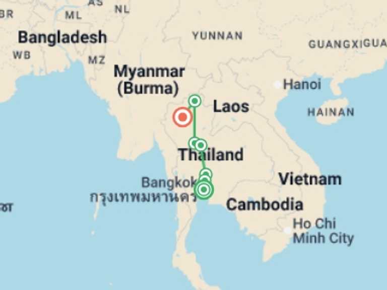 Map of Thailand Explorer Tour with 4 destination visits for the trip: Northern Thailand & Ancient Capitals - 6 days