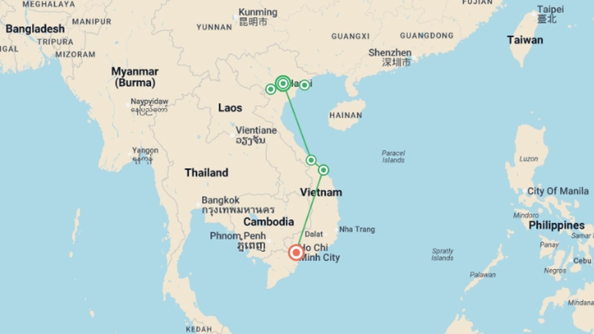 A map showing the tour itinerary for the trip: Hill Tribes, Halong Bay & Beyond - 13 days, starting in Hanoi, Vietnam and ending in Ho Chi Minh City, Vietnam going through 4 other destinations.