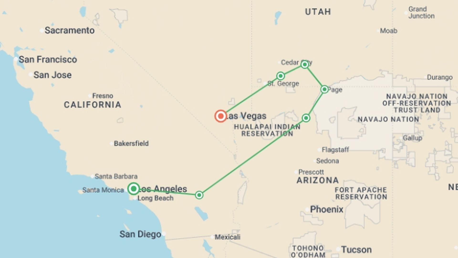A map showing the tour itinerary for the trip: USA Road Trip — Joshua Tree & the Southwest Parks, starting in Los Angeles, USA and ending in Las Vegas, USA going through 5 other destinations.