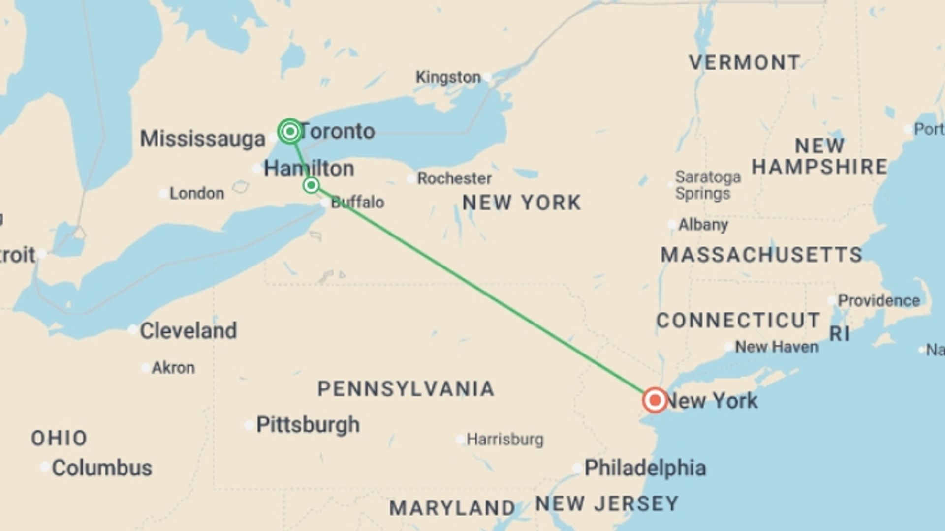 A map showing the tour itinerary for the trip: Toronto, Niagara and New York, starting in Toronto, Canada and ending in New York, USA going through 1 other destinations.
