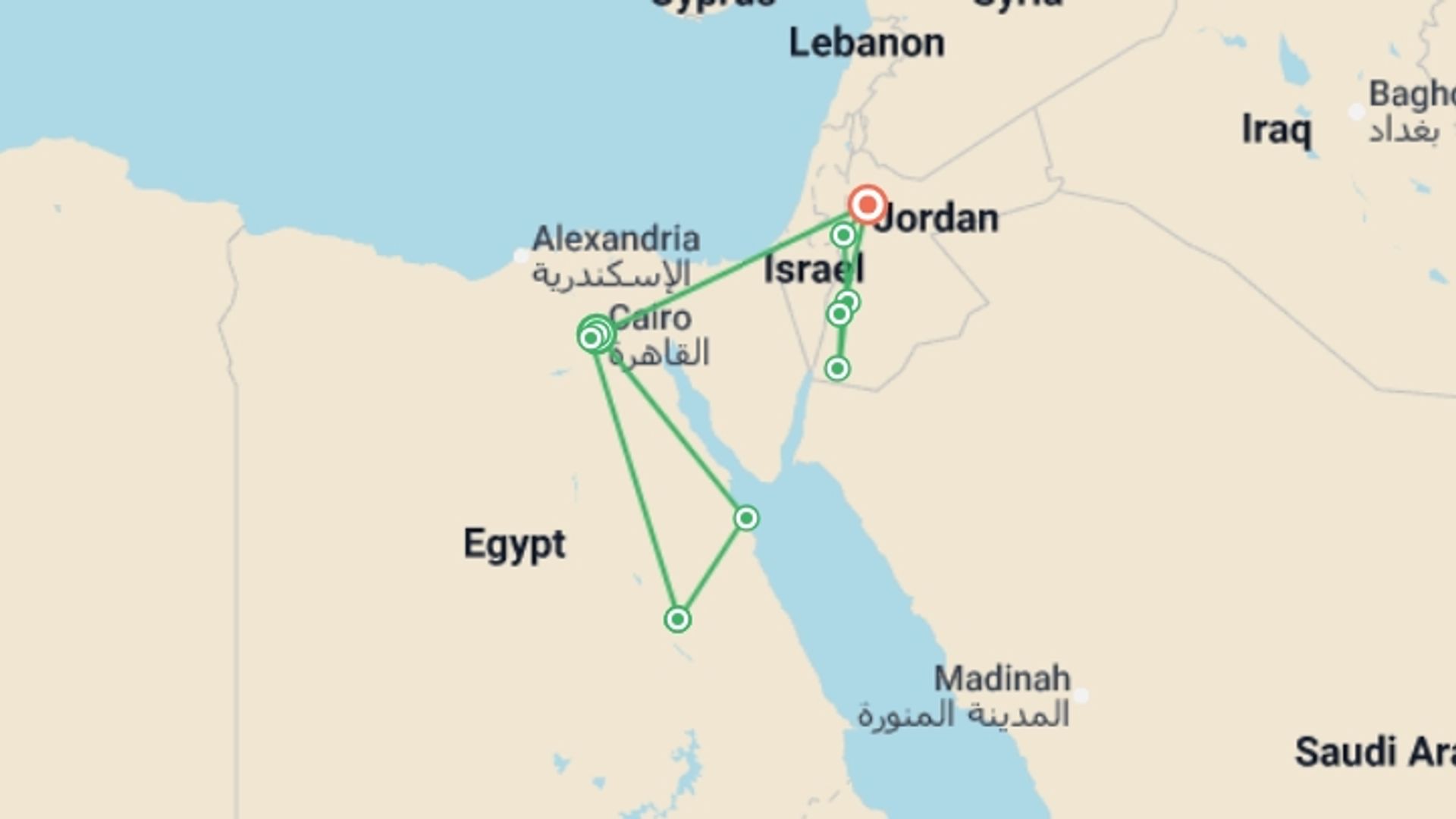 A map showing the tour itinerary for the trip: Temples, Tombs, Treasury - 14 days, starting in Cairo, Egypt and ending in Amman, Jordan going through 6 other destinations.