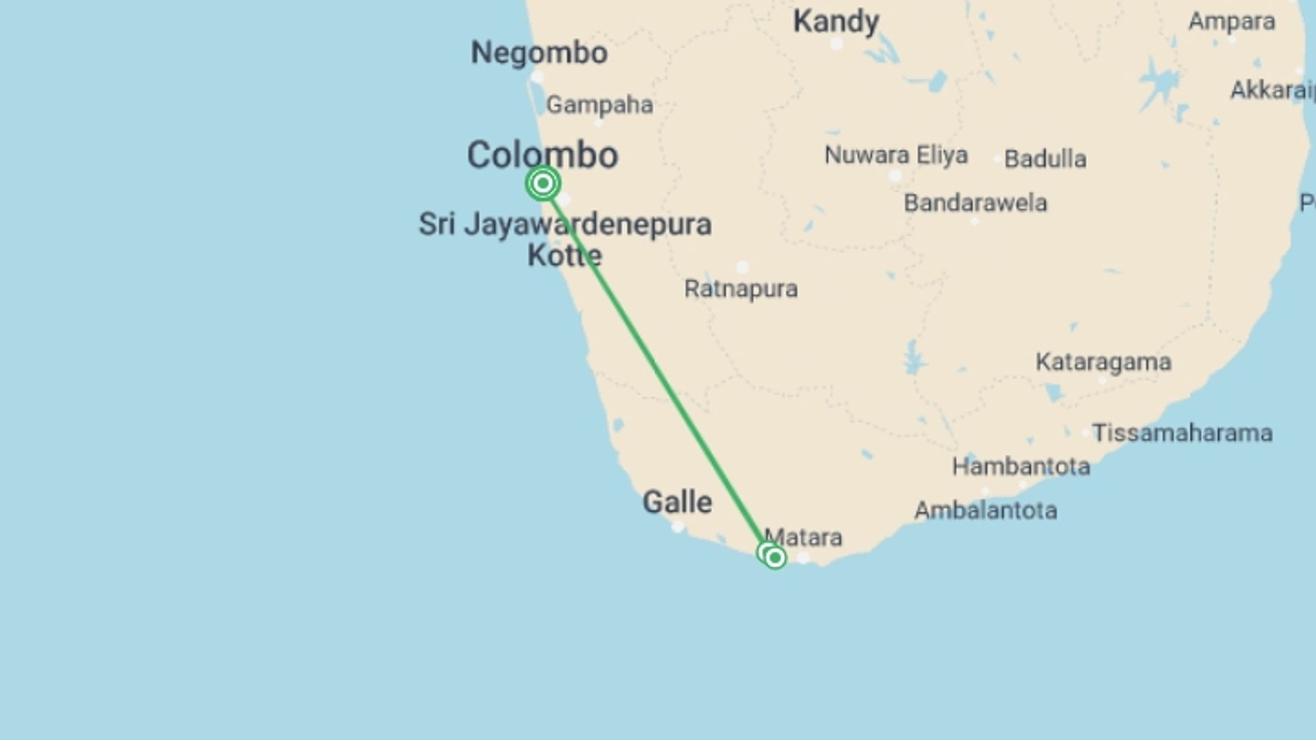 A map showing the tour itinerary for the trip: Southern Coast Beach Tour, starting in Colombo, Sri Lanka and ending in Colombo, Sri Lanka going through 2 other destinations.