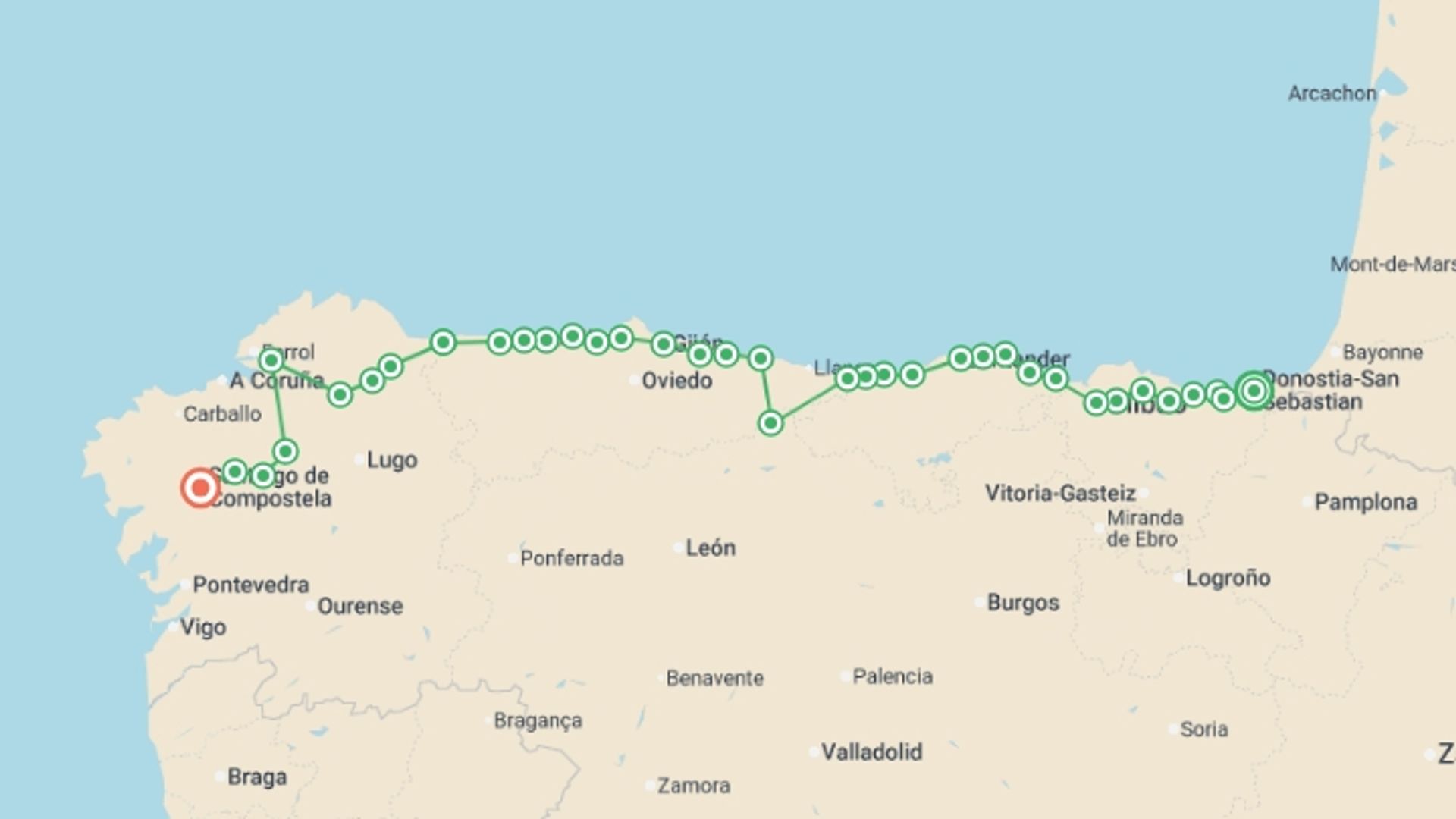 A map showing the tour itinerary for the trip: Full Camino Norte, starting in San Sebastian, Spain and ending in Santiago De Compostela, Spain going through 34 other destinations.