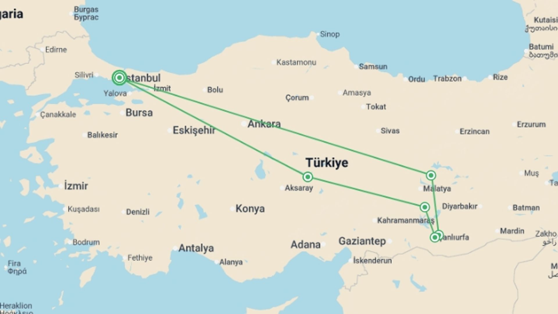 A map showing the tour itinerary for the trip: Istanbul, Cappadocia & Mesopotamia - 9 days, starting in Istanbul, Turkey and ending in Istanbul, Turkey going through 5 other destinations.