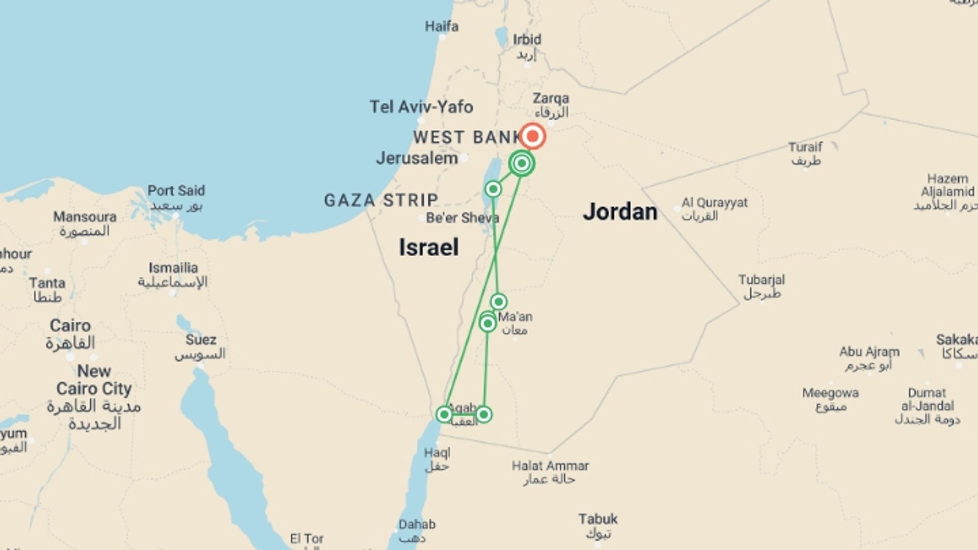 A map showing the tour itinerary for the trip: Cycle Jordan, starting in Madaba, Jordan and ending in Amman, Jordan going through 1 other destinations.