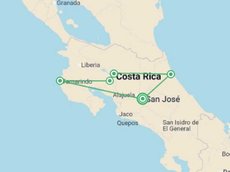 Map of San Jose Active and outdoor Tour with 5 destination visits for the trip: Pura Vida Experience