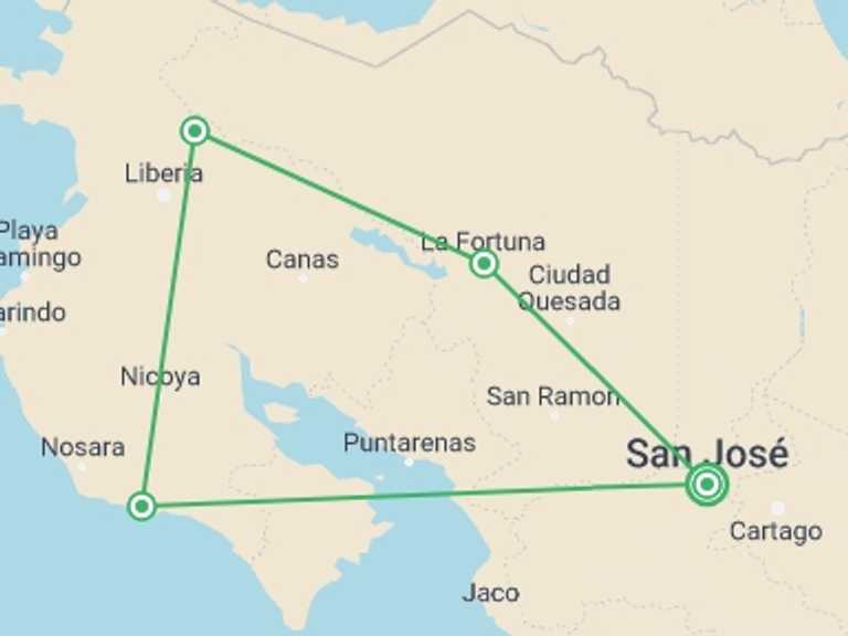 Map itinerary of Costa Rica Tour in June 2027 with 4 destination visits for the trip: Wellness Costa Rica