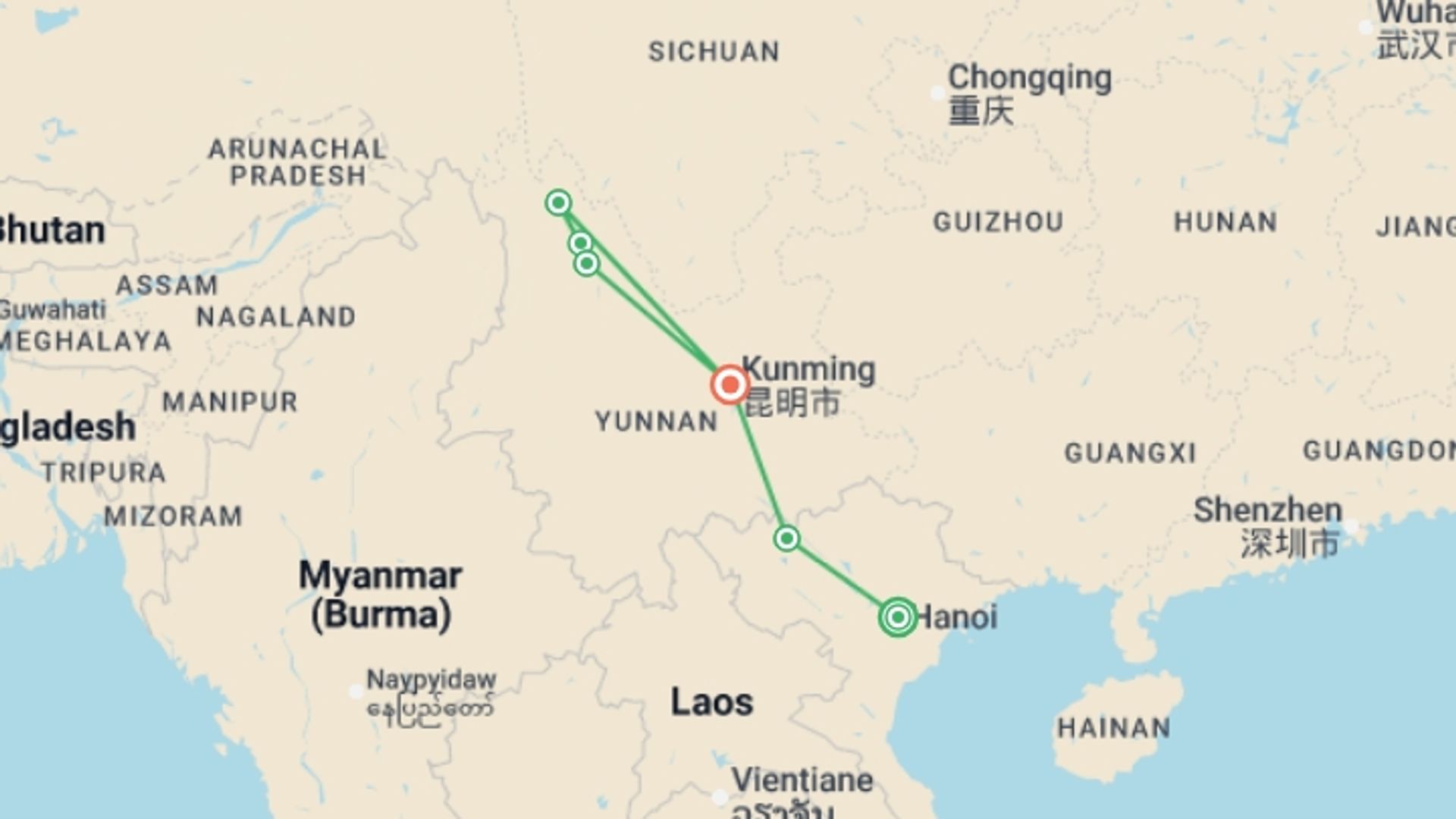 A map showing the tour itinerary for the trip: Vietnam & China: Hanoi to Kunming by Rail, starting in Hanoi, Vietnam and ending in Kunming, China going through 4 other destinations.
