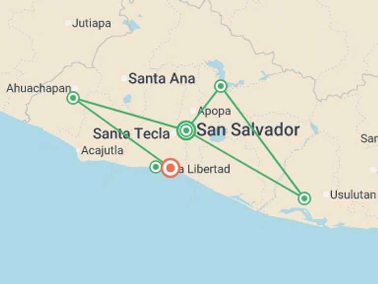 Map itinerary of Central America Tour in Fall with 6 destination visits for the trip: Highlights of El Salvador
