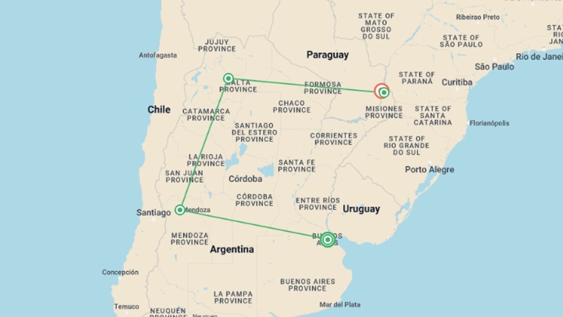 A map showing the tour itinerary for the trip: The Argentine North in 12 Days, starting in Buenos Aires, Argentina and ending in Puerto Iguazu, Argentina going through 3 other destinations.