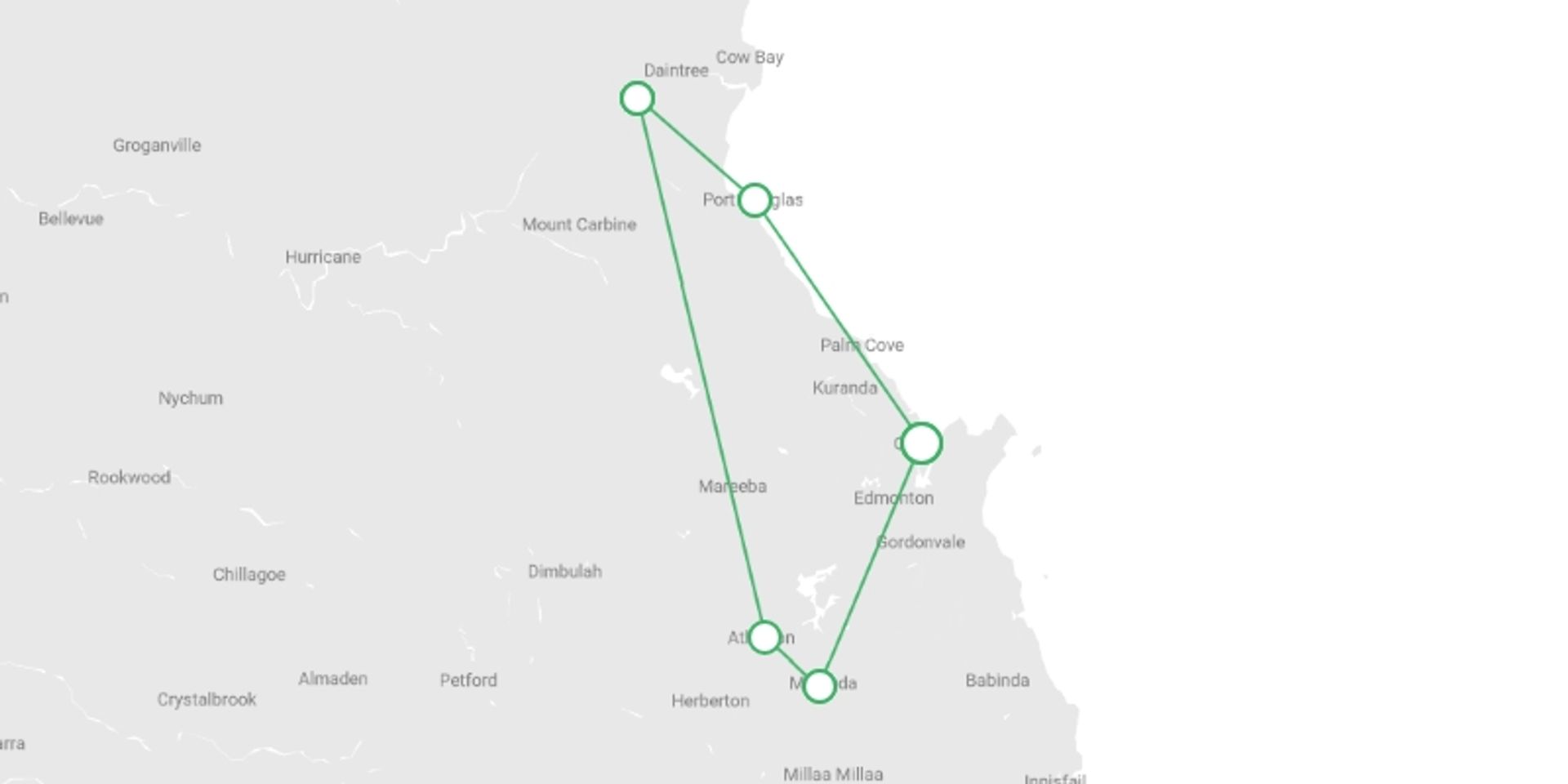 A map showing the tour itinerary for the trip: Tropical Reef and Rainforest Tour, starting in undefined, Australia and ending in undefined, Australia going through 1 other destinations.