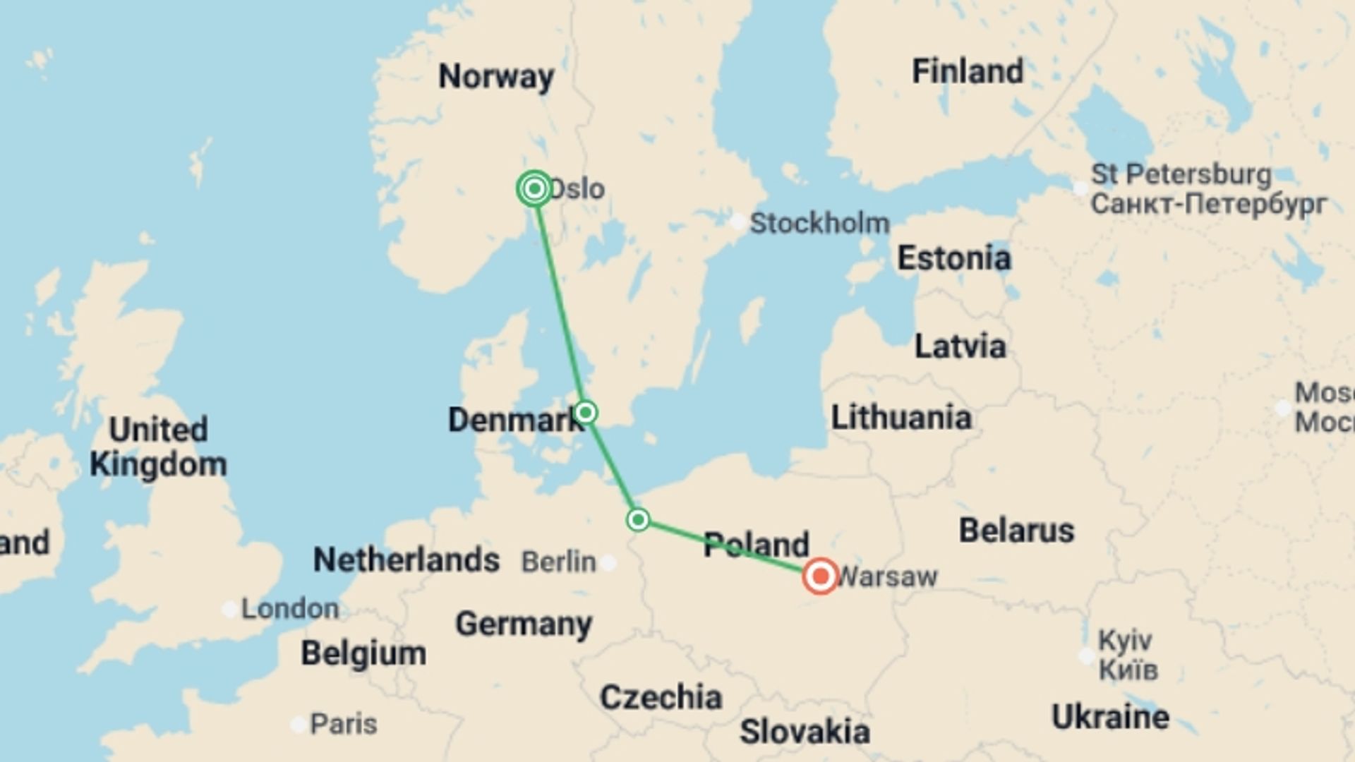 A map showing the tour itinerary for the trip: Oslo, Copenhagen and Poland, starting in Oslo, Norway and ending in Warsaw, Poland going through 2 other destinations.