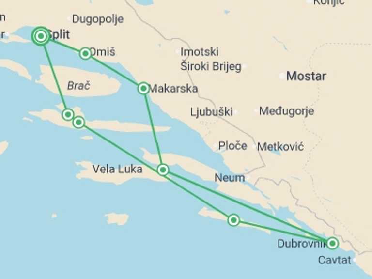 Map of Croatia Tour with 4 destination visits for the trip: Croatia Sailing Adventure - 8 days