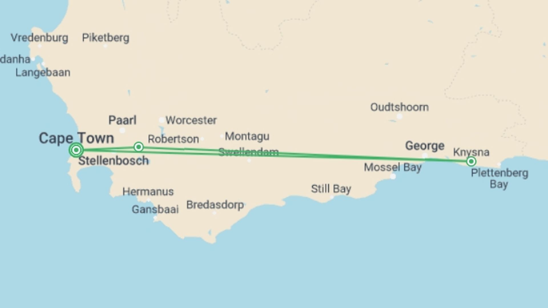 A map showing the tour itinerary for the trip: Premium Cape Town and the Garden Route, starting in Cape Town, South Africa and ending in Cape Town, South Africa going through 2 other destinations.