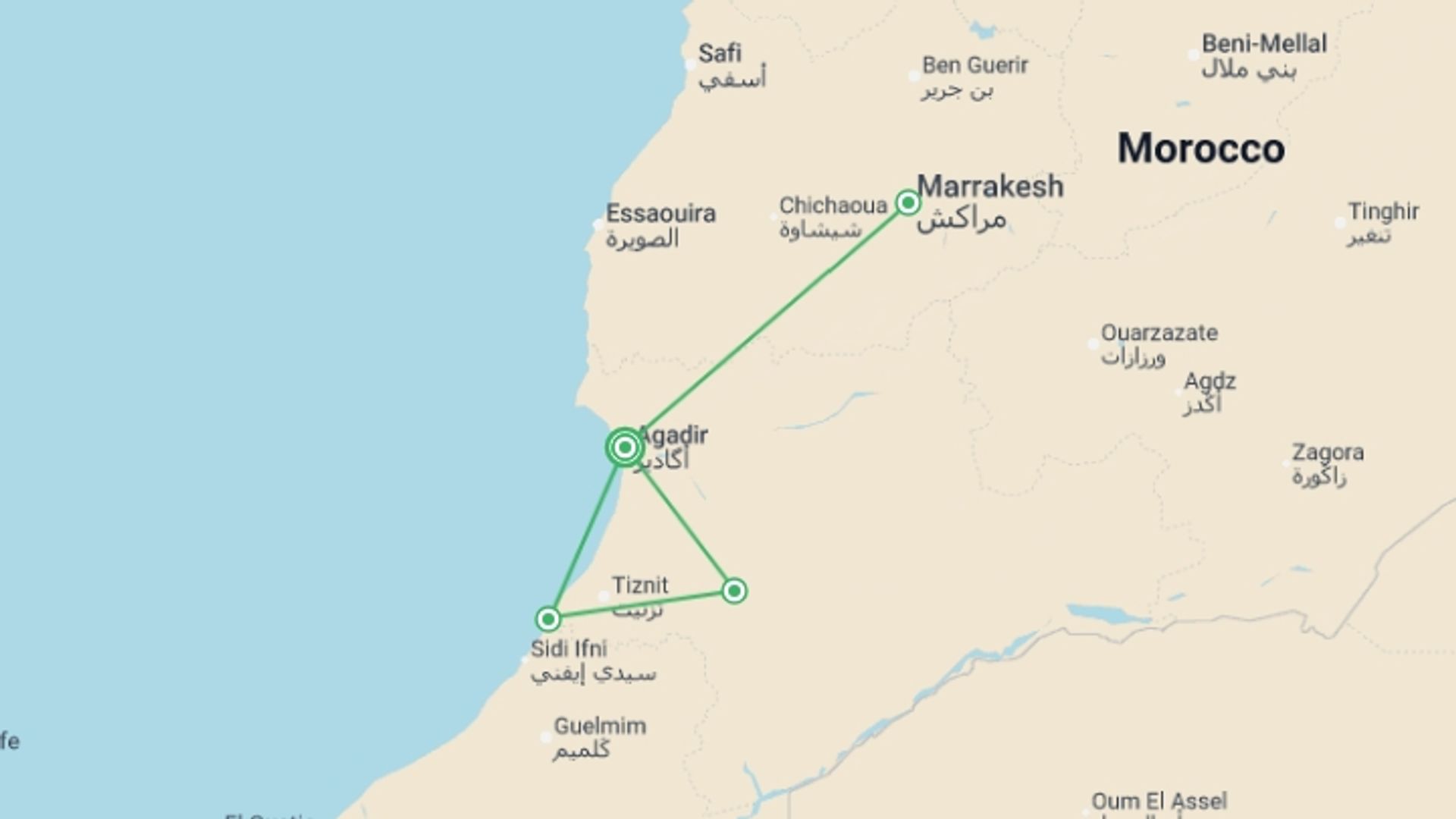 A map showing the tour itinerary for the trip: Agadir & Southern Beaches - 6 days, starting in Agadir, Morocco and ending in Agadir, Morocco going through 3 other destinations.