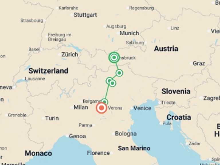 Map itinerary of Mediterranean Tour in June 2026 with 6 destination visits for the trip: Cycle Innsbruck to Verona
