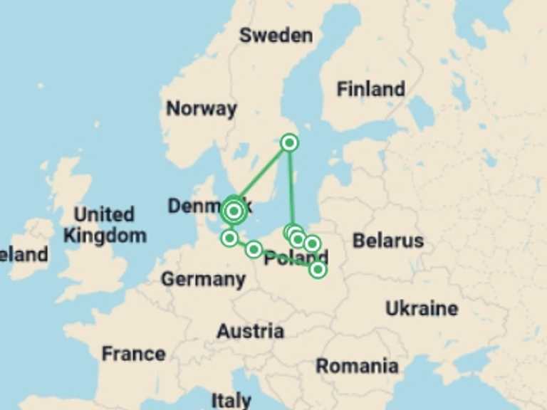 Map of Northern Europe Tour with 6 destination visits for the trip: Nordic Gems and Poland End Copenhagen