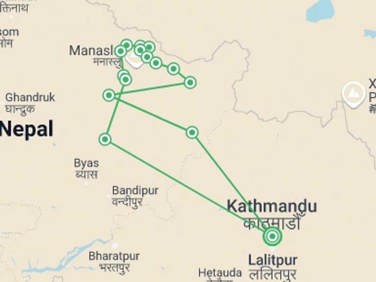 Map of Kathmandu Mountains Tour with 12 destination visits for the trip:  10 Days  Manaslu   Short Trek 
