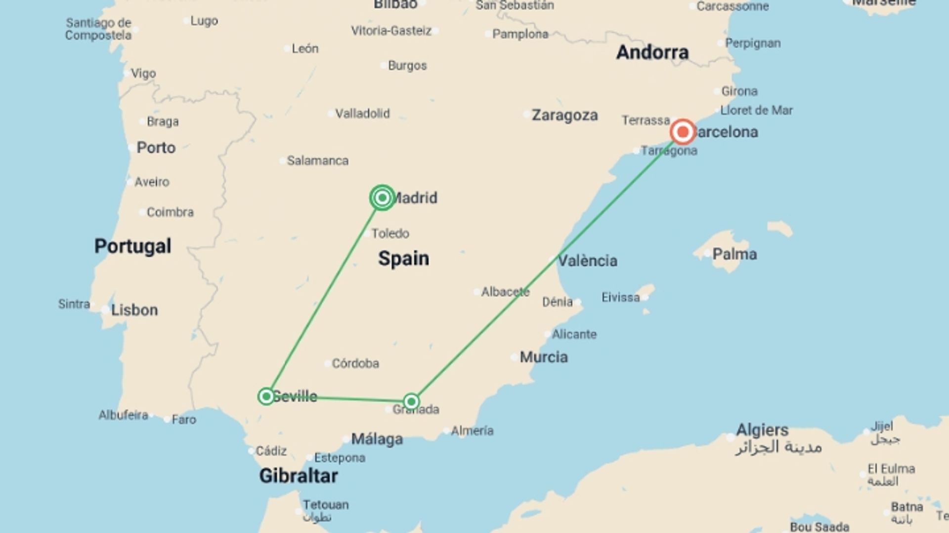 A map showing the tour itinerary for the trip: Spanish Experience, starting in Madrid, Spain and ending in Barcelona, Spain going through 3 other destinations.
