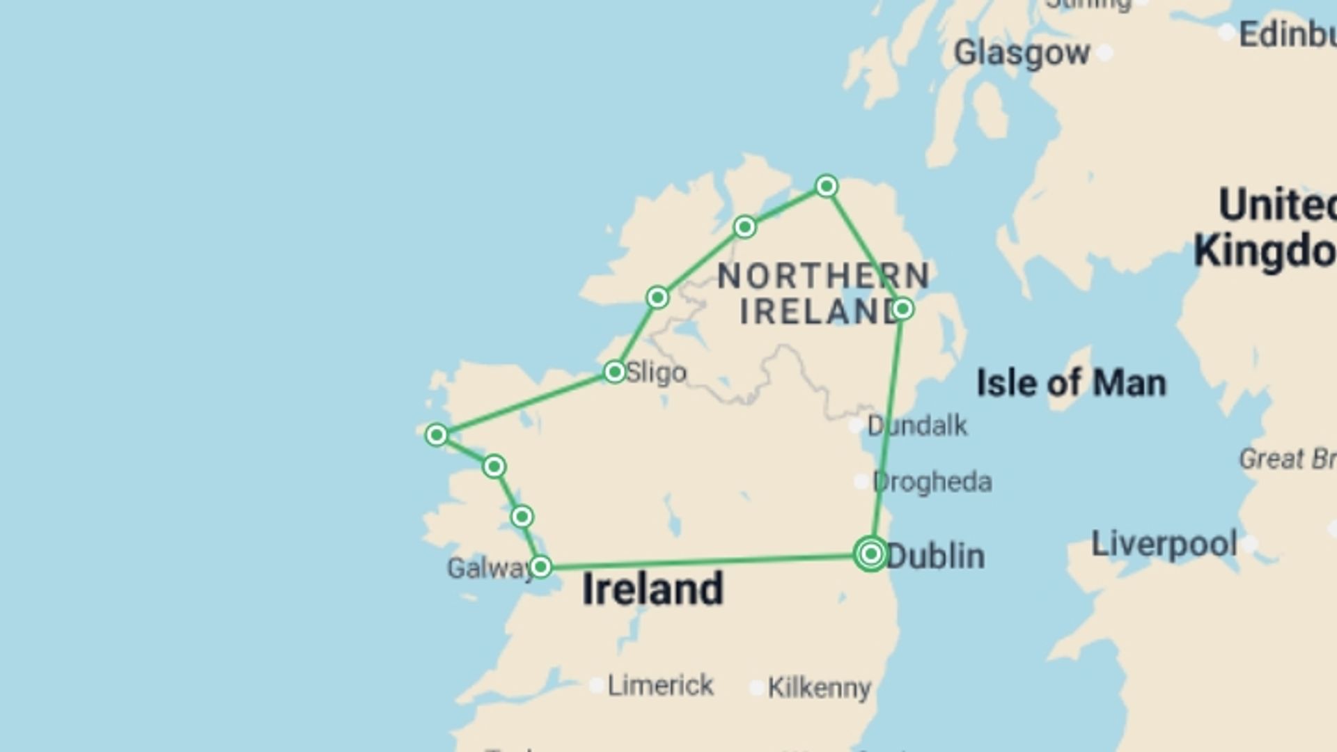 A map showing the tour itinerary for the trip: Dublin, Northern Ireland & Galway - 5 days, starting in Dublin, Ireland and ending in Dublin, Ireland going through 4 other destinations.