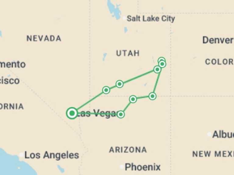 Map itinerary of USA Tour in Fall with 7 destination visits for the trip: Super Southwest USA - 7 days