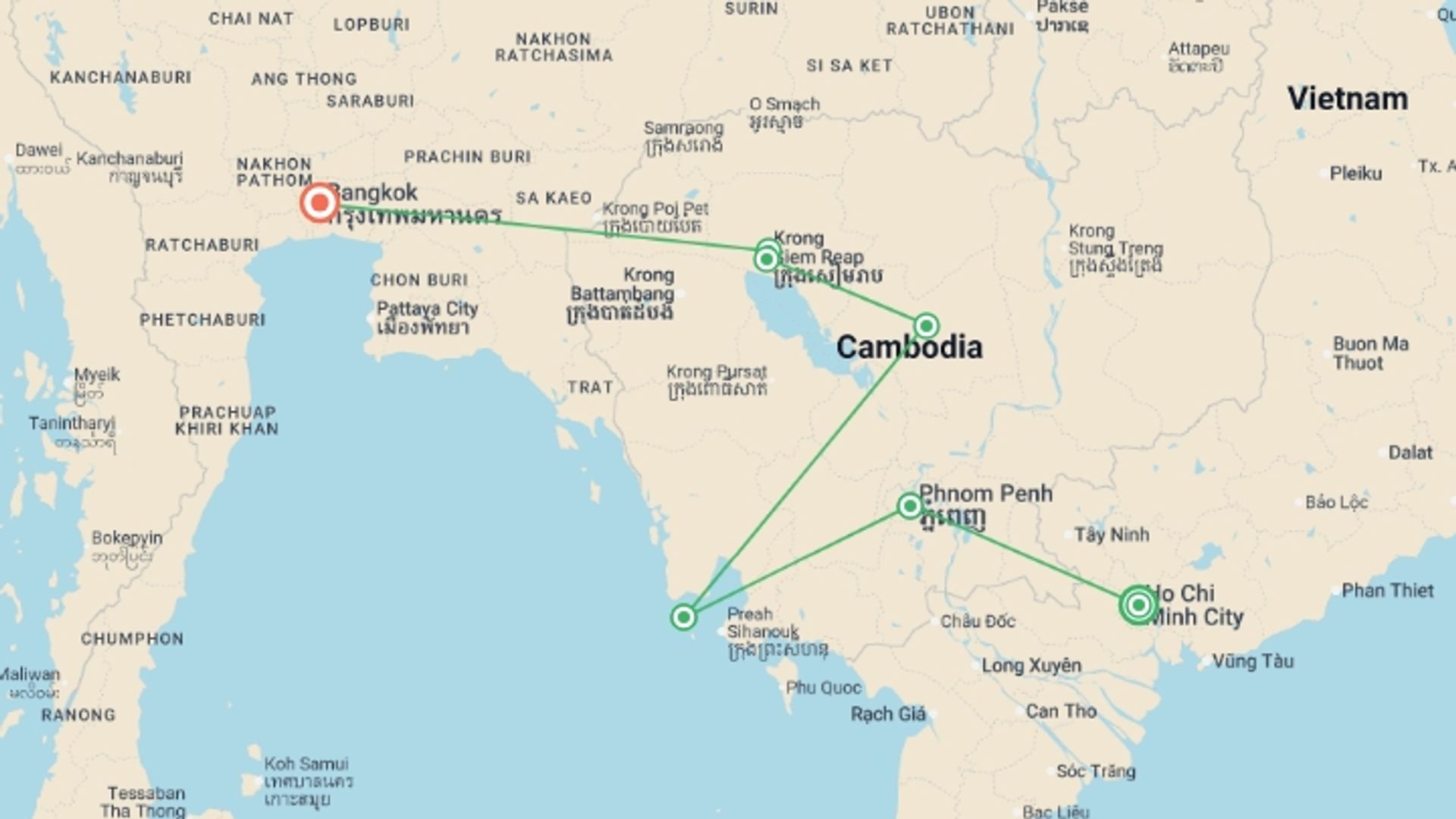 A map showing the tour itinerary for the trip: Real Cambodia, starting in Ho Chi Minh City, Vietnam and ending in Bangkok, Thailand going through 5 other destinations.