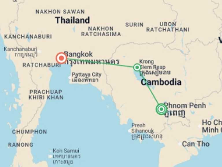 Map itinerary of Asia Tour in July 2026 with 3 destination visits for the trip: Classic Cambodia & Bangkok - 7 days