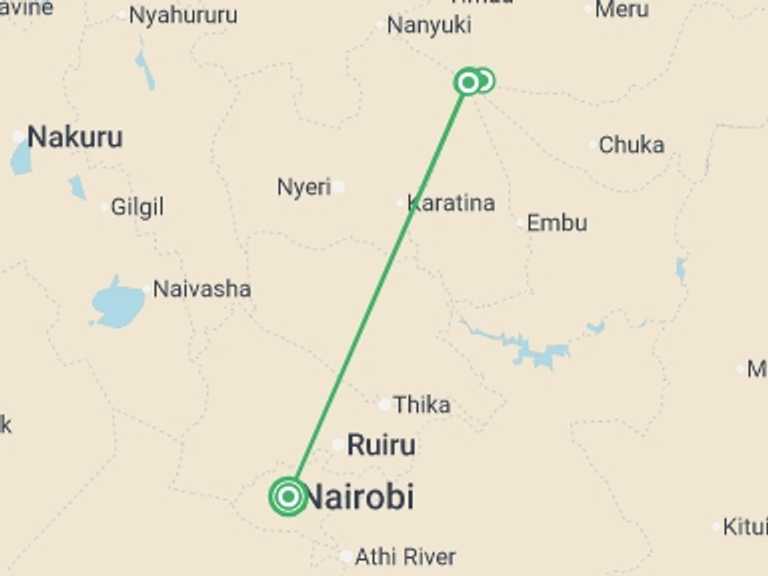 Map itinerary of Africa Tour in October 2026 with 6 destination visits for the trip: Mount Kenya Ascent