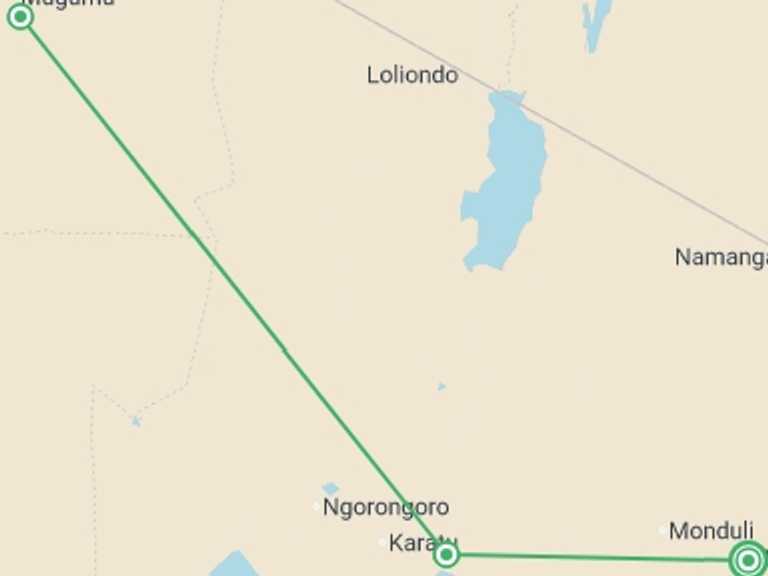 Map itinerary of Tanzania Tour in February 2027 with 3 destination visits for the trip: Tanzania Adventure