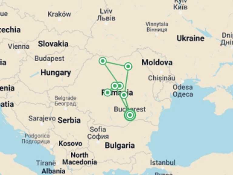 Map of Romania Tour with 8 destination visits for the trip: Romania Grand Tour