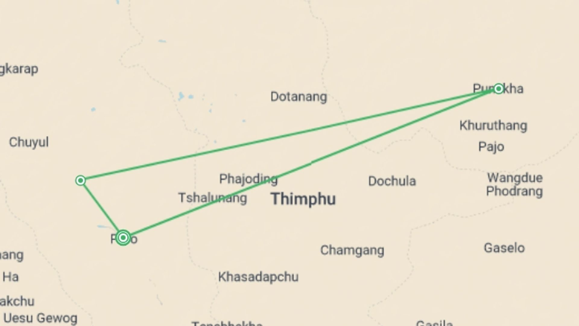 A map showing the tour itinerary for the trip: Bhutan Three Jewels Cultural Tour, starting in Paro, Bhutan and ending in Paro, Bhutan going through 3 other destinations.