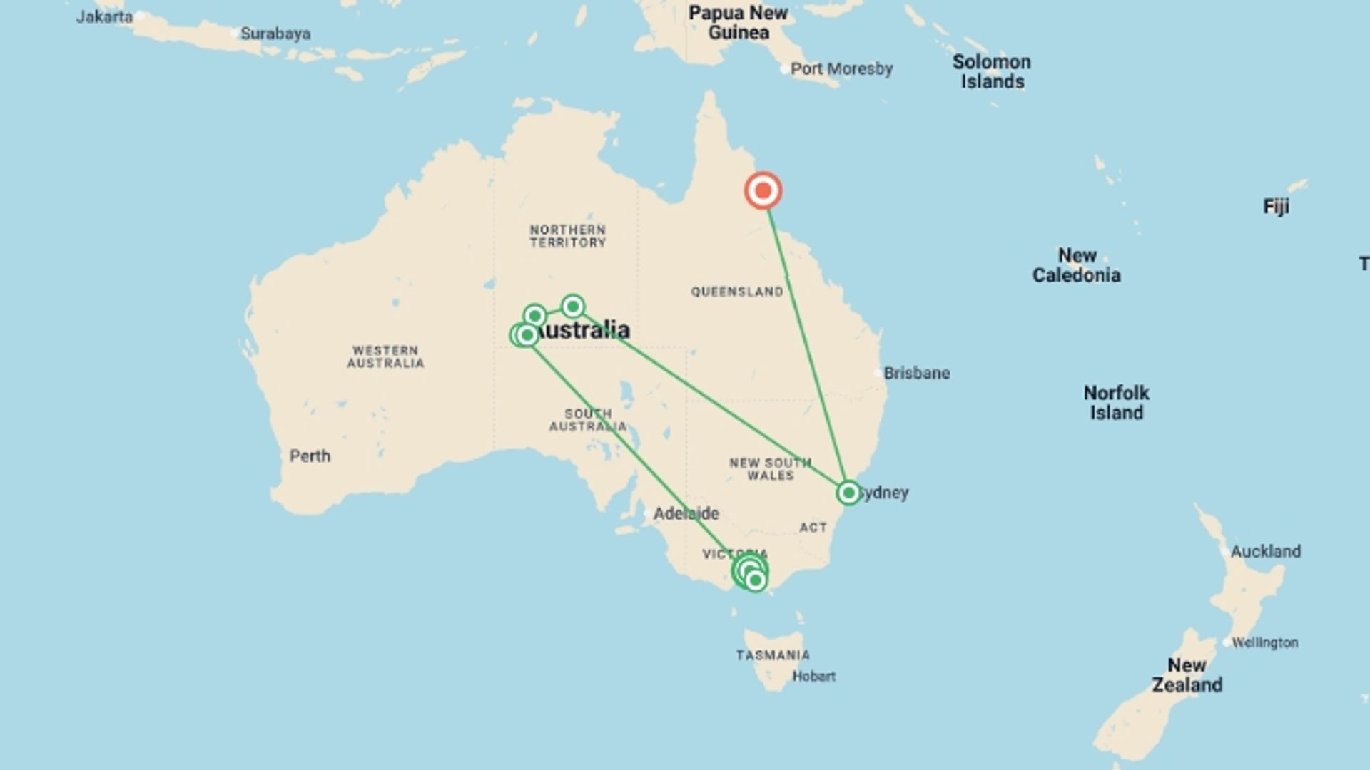 A map showing the tour itinerary for the trip: Solo-ish Australia, starting in Melbourne, Australia and ending in Cairns, Australia going through 5 other destinations.